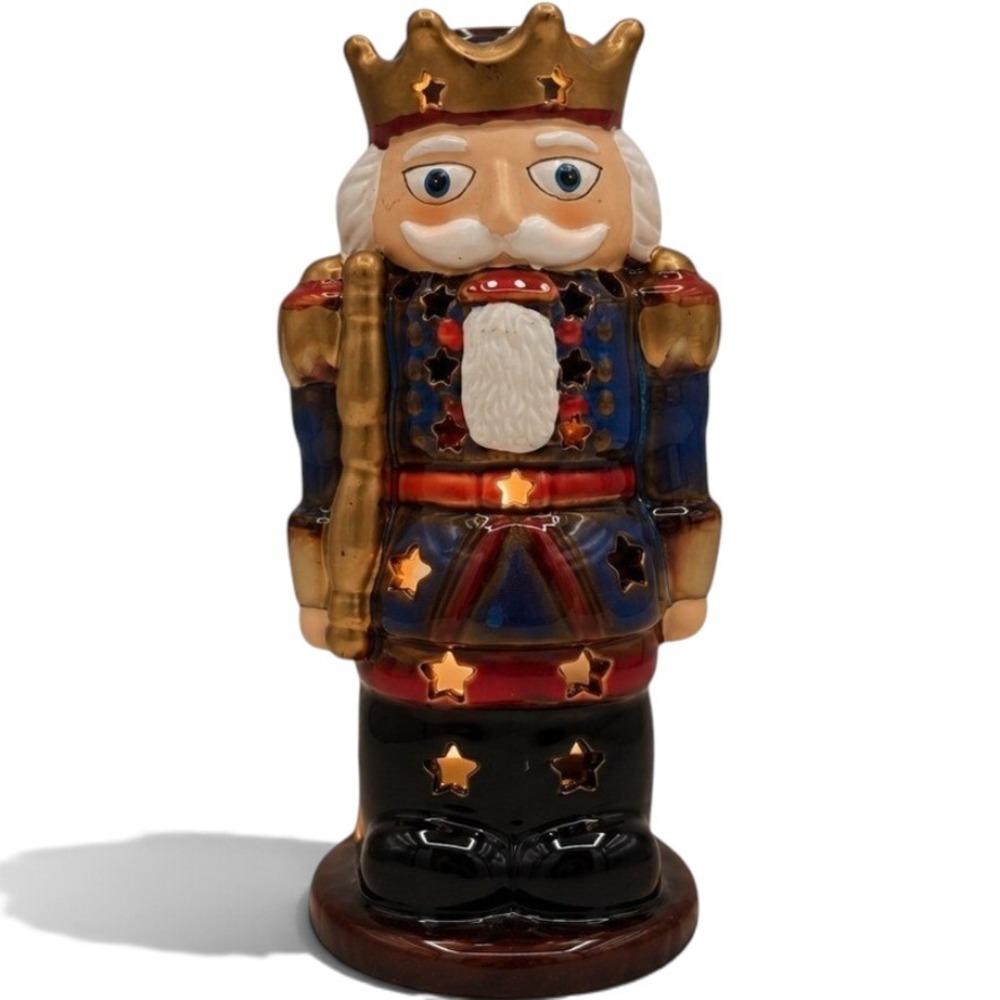Yankee Candle Nutcracker Tea Light Luminary Blue Gold Ceramic Holiday Decor 7.5"